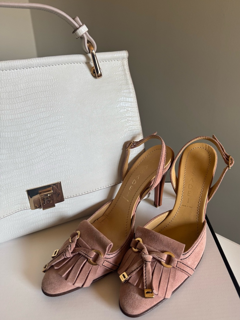 Casadei Dusty Rose Suede Fringe Slingback Heels